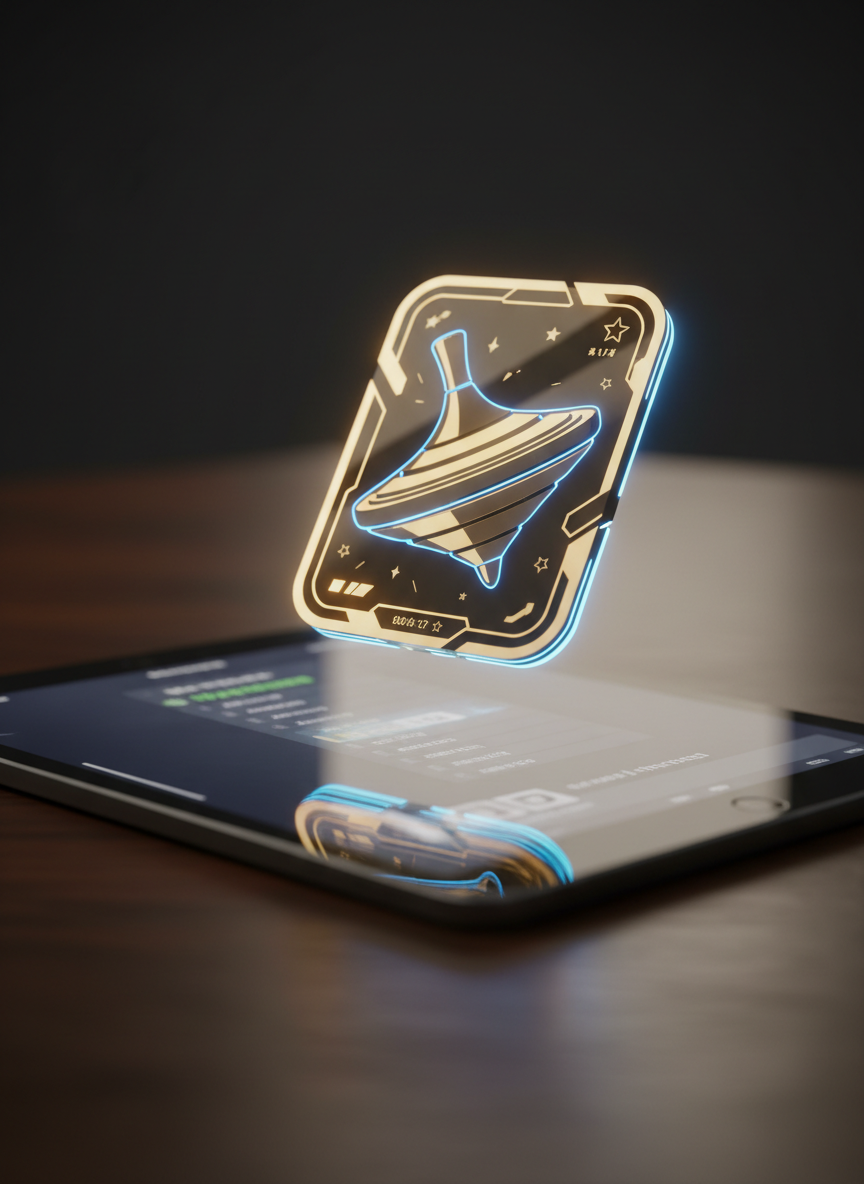 A close-up of a glossy digital card shaped like a spinning top trophy, hovering above a tablet screen that displays a blurred leaderboard interface in the background. The card glows with golden and electric-blue edges, with subtle star patterns hinting at high rank and accumulated points. Soft, focused studio lighting highlights the reflective surfaces, creating tiny specular highlights on the metal-like trim. The tablet rests on a dark wooden surface with faint reflections, adding depth. Photographic realism with a shallow depth of field keeps the card in razor-sharp focus, the background gently bokeh-blurred. The mood is celebratory and aspirational, capturing the feeling of climbing a playful ranking ladder.