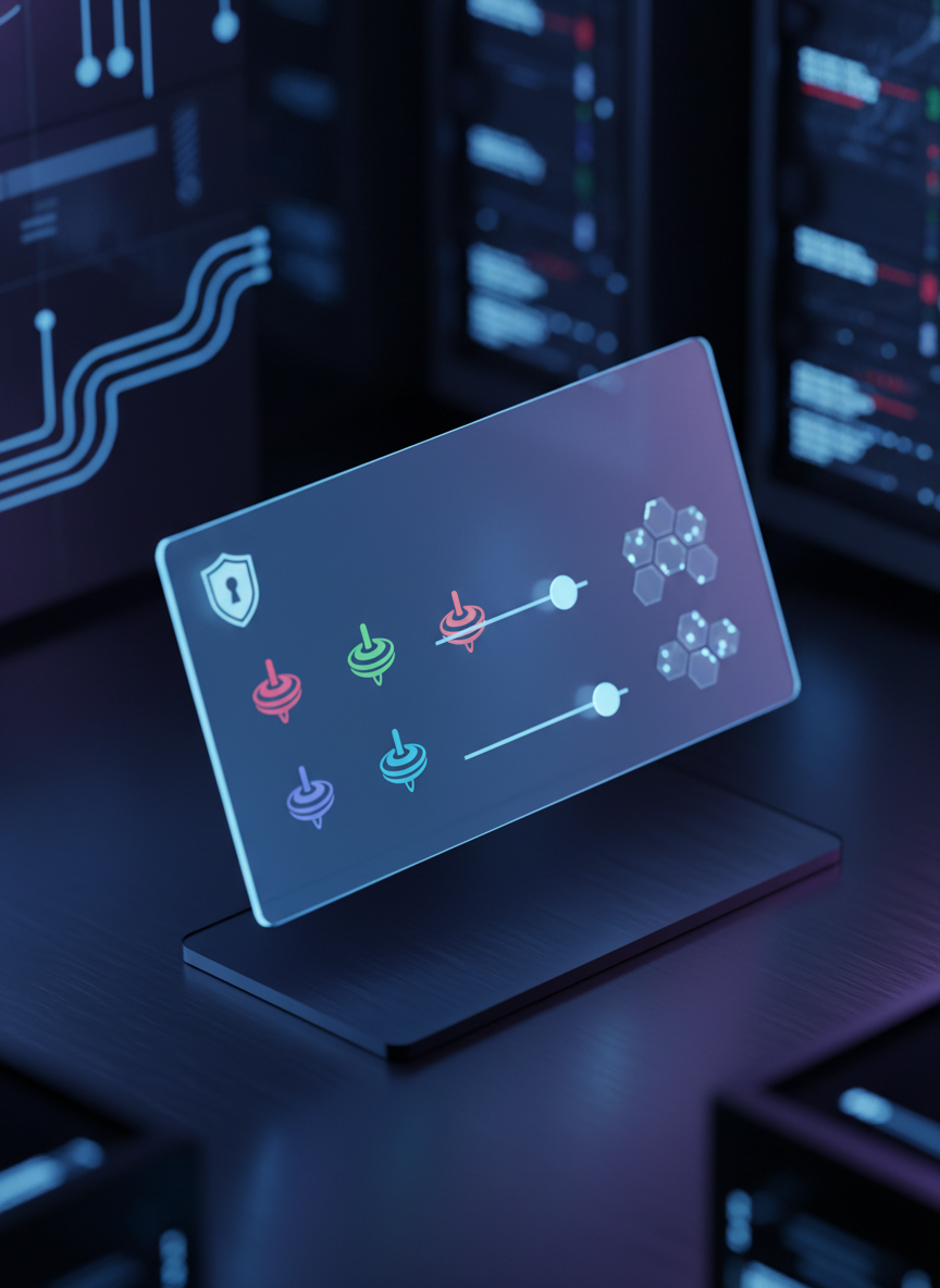 An isometric, photographic-style scene of a secure admin control panel displayed on a floating glass-like screen in a dark, techy environment. Colorful spinning-top icons sit next to adjustable slider bars and glowing token counters, visually representing point assignment controls without text. A subtle shield-and-keyhole icon in one corner implies authentication and restricted access. Cool blue and purple accent lighting illuminates the translucent interface, casting soft reflections on a metallic surface below. The composition is centered, with sharp focus and a clean, modern look. The atmosphere feels powerful yet playful, showing the behind-the-scenes management of game points and rankings for a leaderboard site.