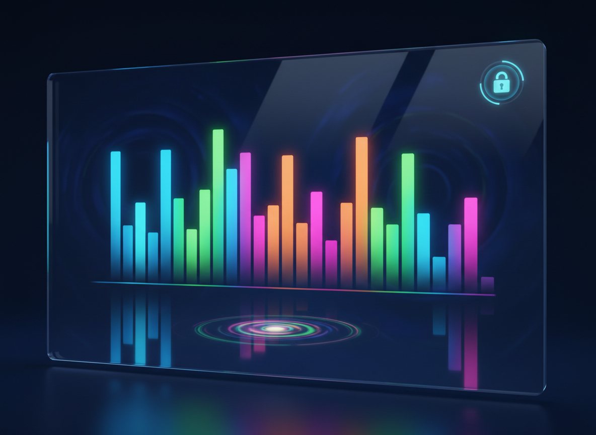 A sleek, large digital leaderboard interface fills the frame, displaying colorful, abstract ranking bars that rise and fall like playful towers. Each bar glows in a different neon hue against a deep navy background, suggesting player scores for a spinning-top game without using text or numbers. In the corner, a subtle badge-like icon hints at a secure login area with a softly lit lock symbol. Photographic realism with a slightly elevated, eye-level angle, crisp edges, and shallow depth of field. Cool, diffused studio lighting creates gentle reflections on the glossy glass-like surface, while the overall mood is energetic, competitive, and fun, matching a playful gaming ranking site aesthetic.