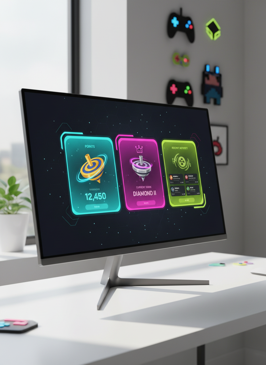A vibrant member dashboard screen is displayed on a modern, slim-bezel monitor sitting on a clean white desk, showing colorful, card-like sections that represent points, current rank, and recent game activity with spinning-top themed icons instead of text. The interface uses bright cyan, magenta, and lime accents on a dark background, creating a dynamic gaming feel. Soft afternoon light from an unseen window casts gentle shadows on the desk, while a blurred background shows abstract gaming memorabilia. Photographic realism, shot at eye level with a slight three-quarter angle, emphasizing the screen. The mood is playful and exciting, suggesting progress and achievement in a game ranking system.